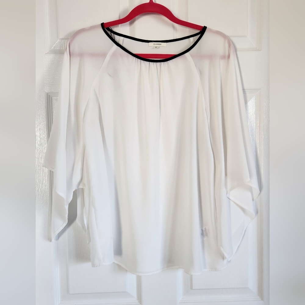 Pleione White Sheer Blouse with Black Trim